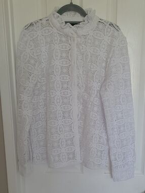 Ann Taylor White Lace Ruffle-Front Blouse